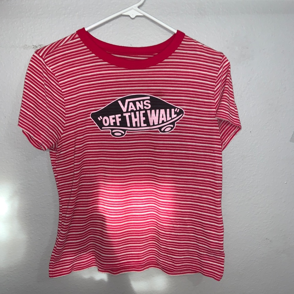 Red and white striped Vans shirt.